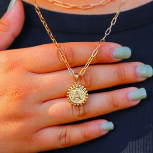 ▶ 2 LAYER GOLD LETTER INITIAL COIN ROUND/CIRCLE PENDANT NECKLACE, ELDM22154